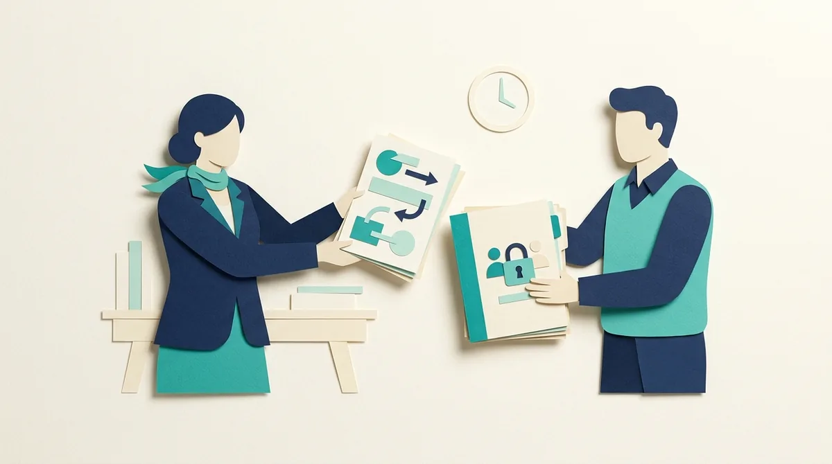 Paper figures review workshop materials while keeping a separate employee folder apart.
