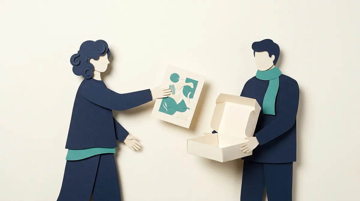 Paper figures compare an illustration print with a blank merchandise package.