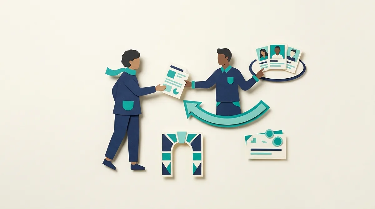Paper figures exchange a campaign brief above creator cards and a curved handoff arrow.