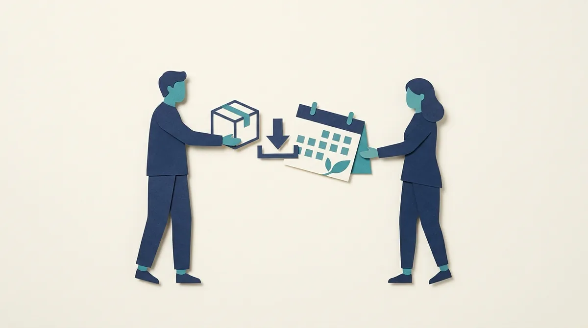 Paper figures coordinate a digital-product handoff and consultation calendar.