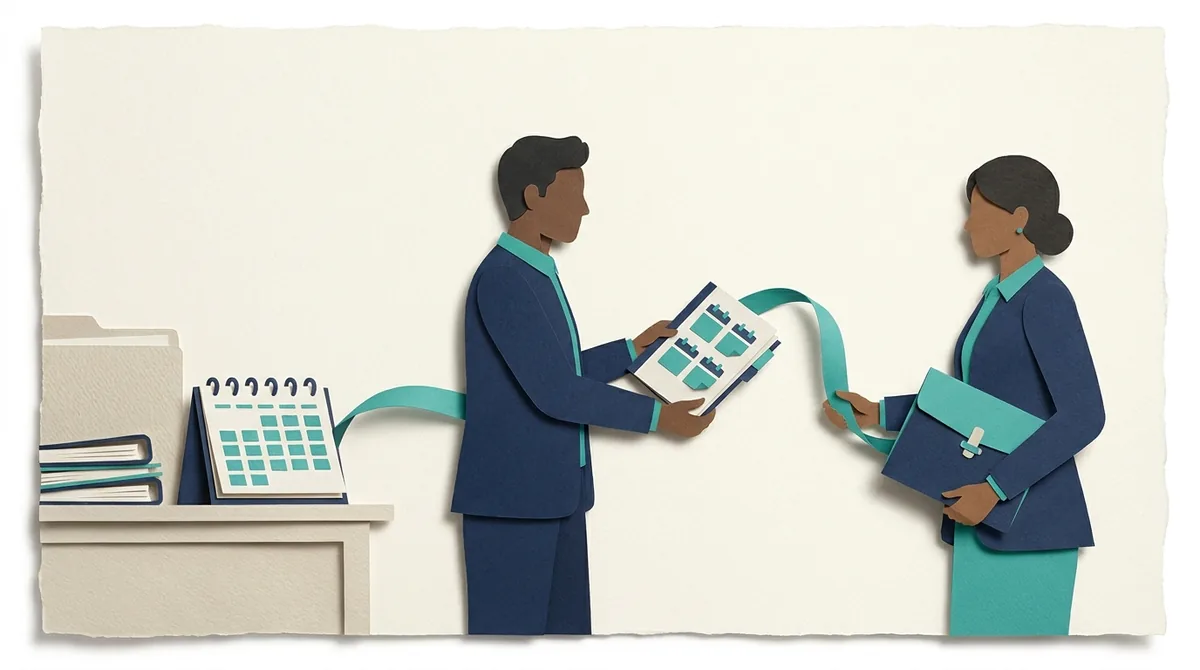 Paper figures review a renewal calendar while keeping policy documents in a separate folder.