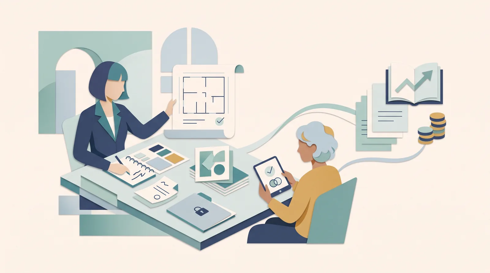 An interior designer and client review floor plans, project documents, and connected billing records.