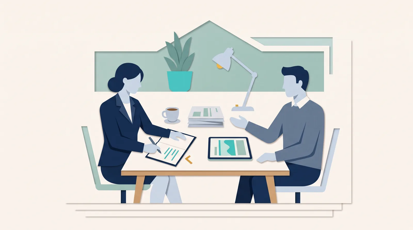 Dos colegas revisan documentos de facturación de clientes y una tableta juntos en un escritorio compartido, vinculando detalles de facturas con registros de CRM.