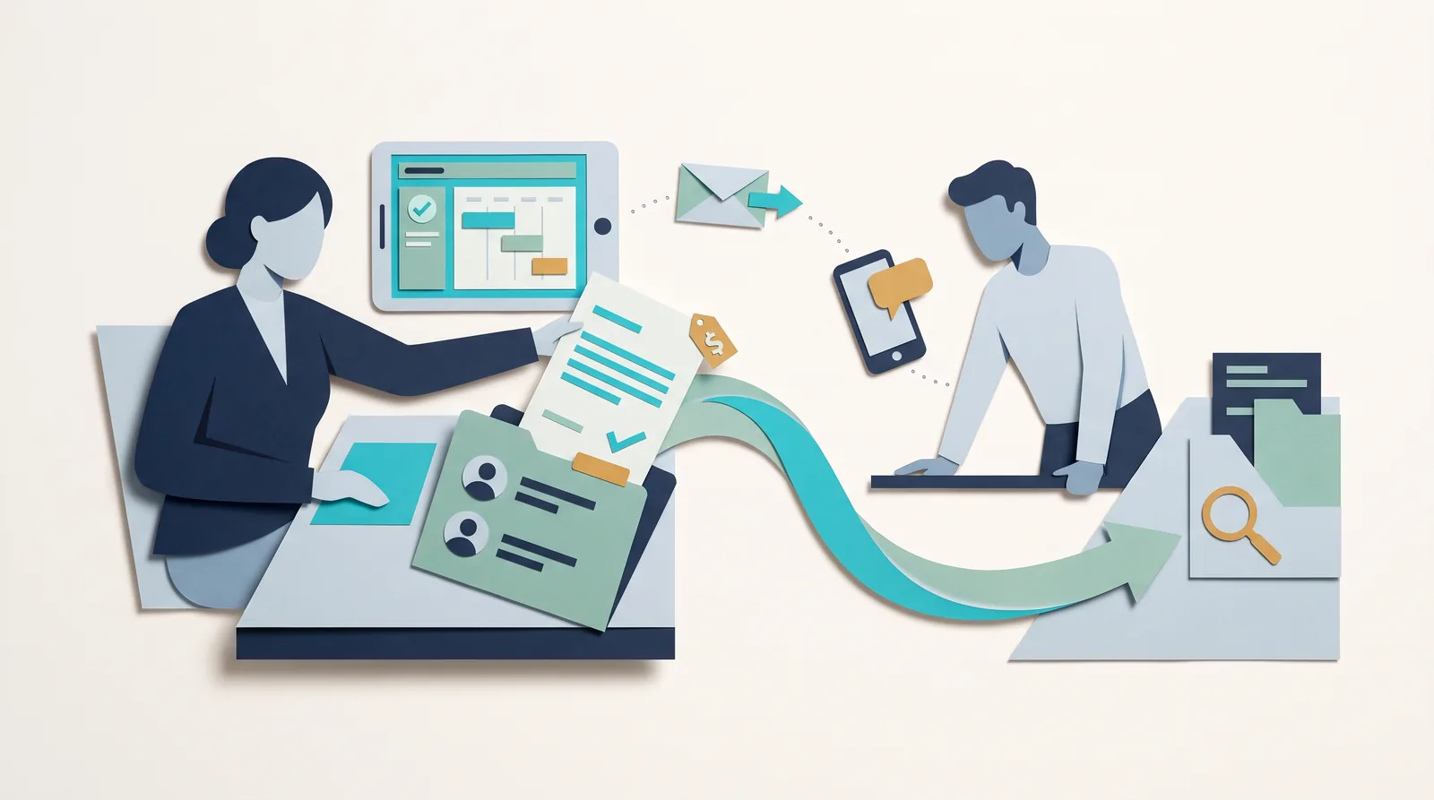 Una factura y un flujo de trabajo de CRM conectan carpetas de clientes, listas de verificación de facturación, mensajes y registros de proyectos entre dos colegas.