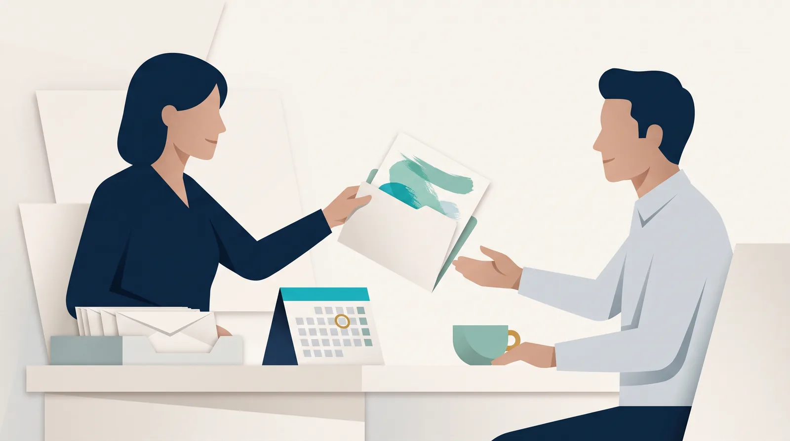 A professional shares an invoice payment reminder with a client beside a calendar and envelopes before the due date.