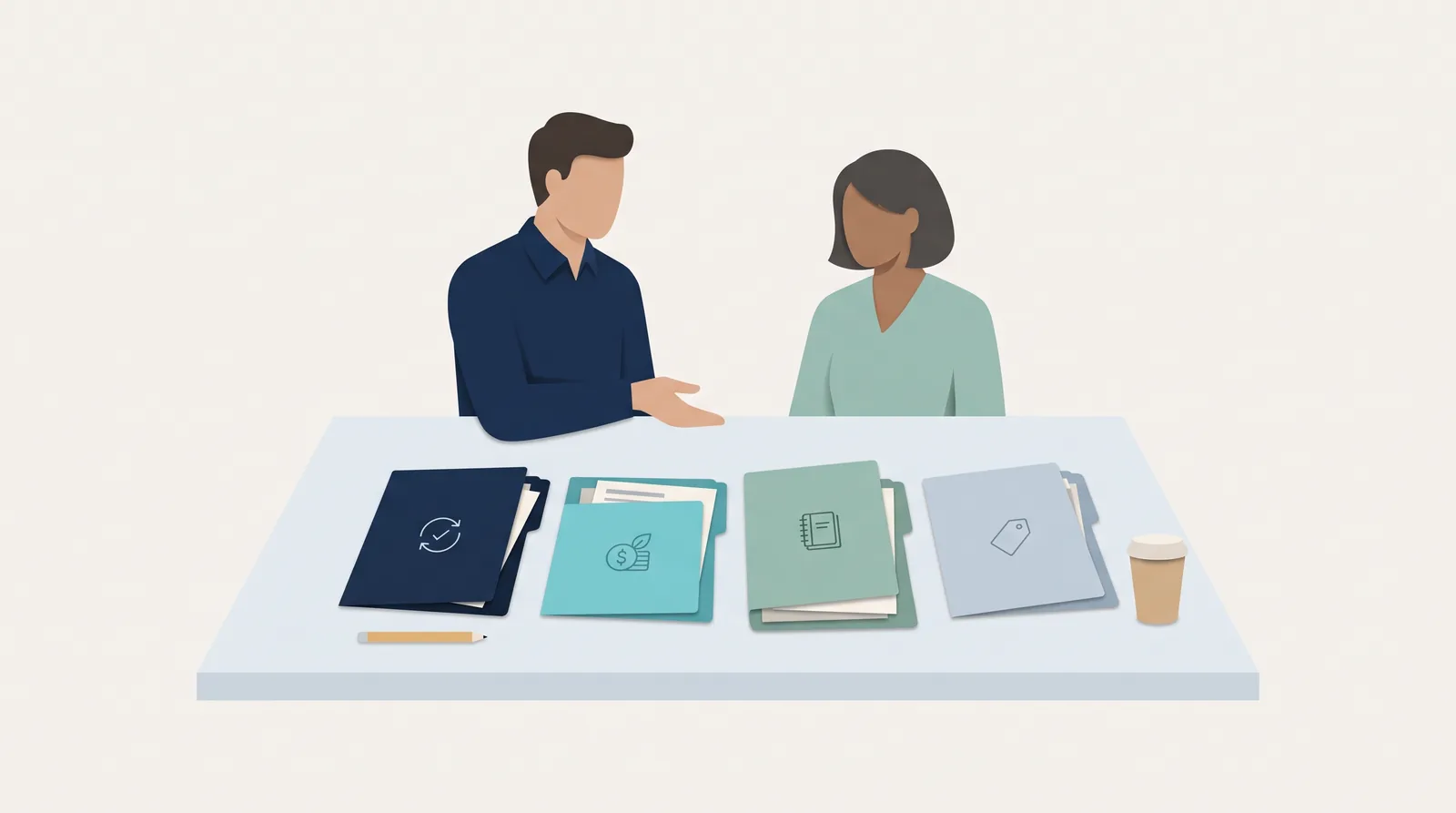 Two colleagues compare billing workflow folders, including recurring invoices, accounting records, and payment tracking.