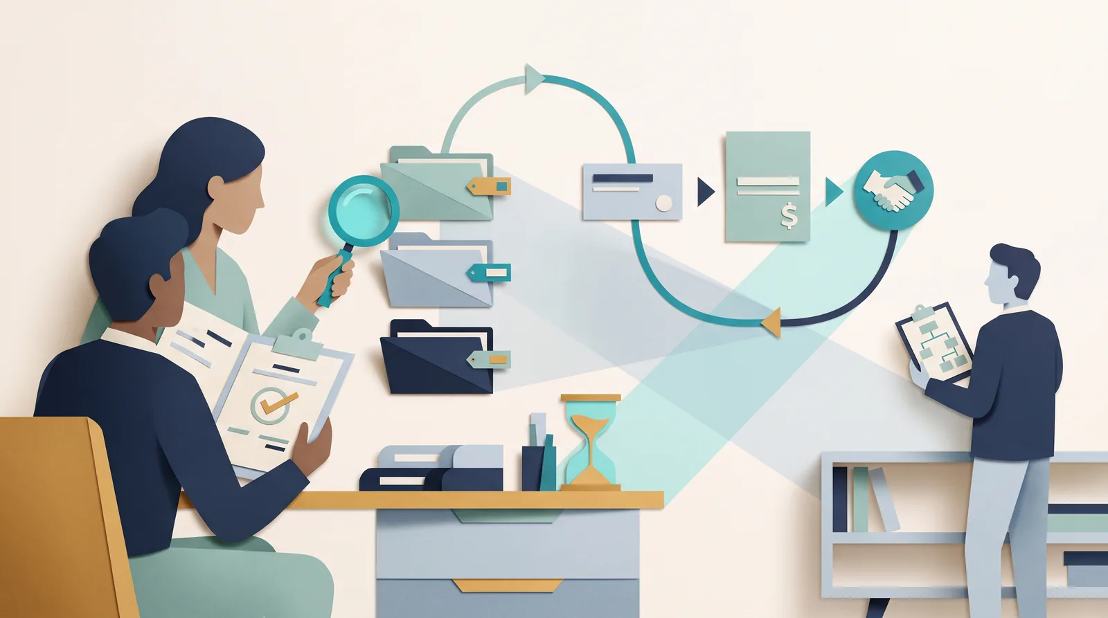 Colleagues evaluate an invoicing workflow using checked documents, client folders, payment steps, and a magnifying glass.