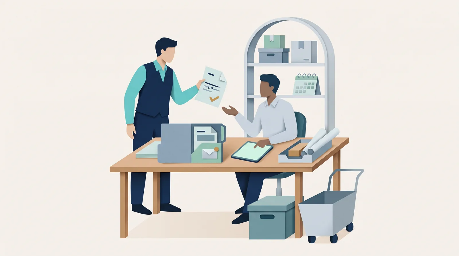 A junk-removal team reviews a job checklist beside client paperwork, collection bins, and a hand cart.