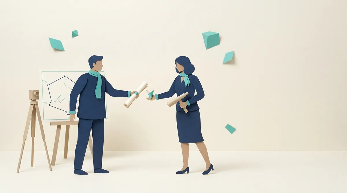 Two paper figures exchange a site document beside a survey plan.