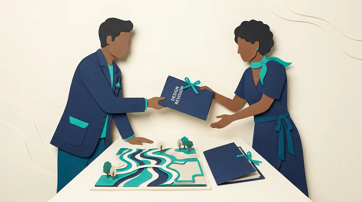 Two paper figures exchange a landscape brief across a contour plan.