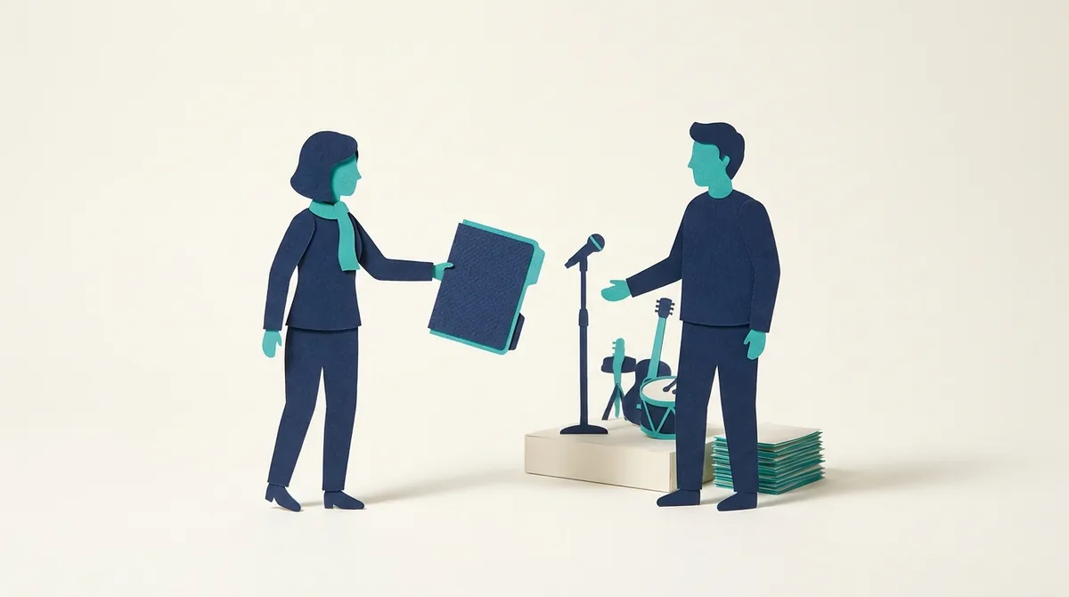Two paper figures exchange an event folder beside musical instruments.