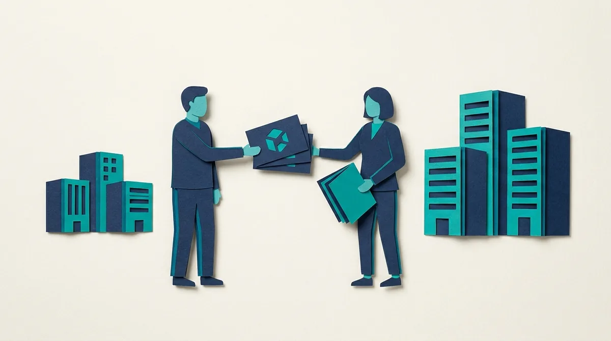 Paper figures exchange advisory documents beside models of three business units.