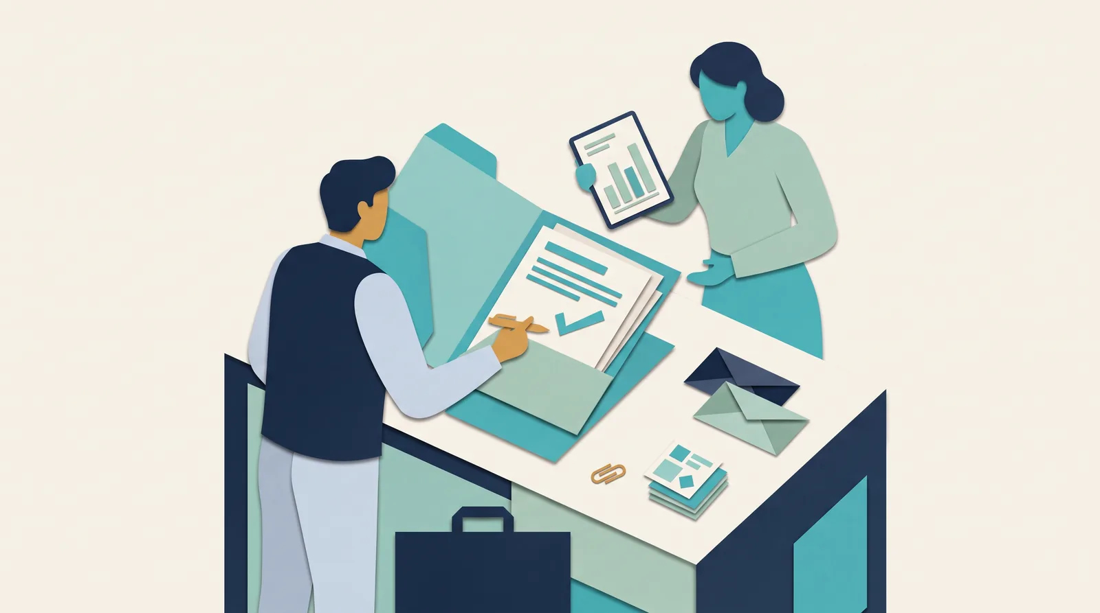 A marketing agency professional and client review a checked campaign document, reporting card, and shared client folder.