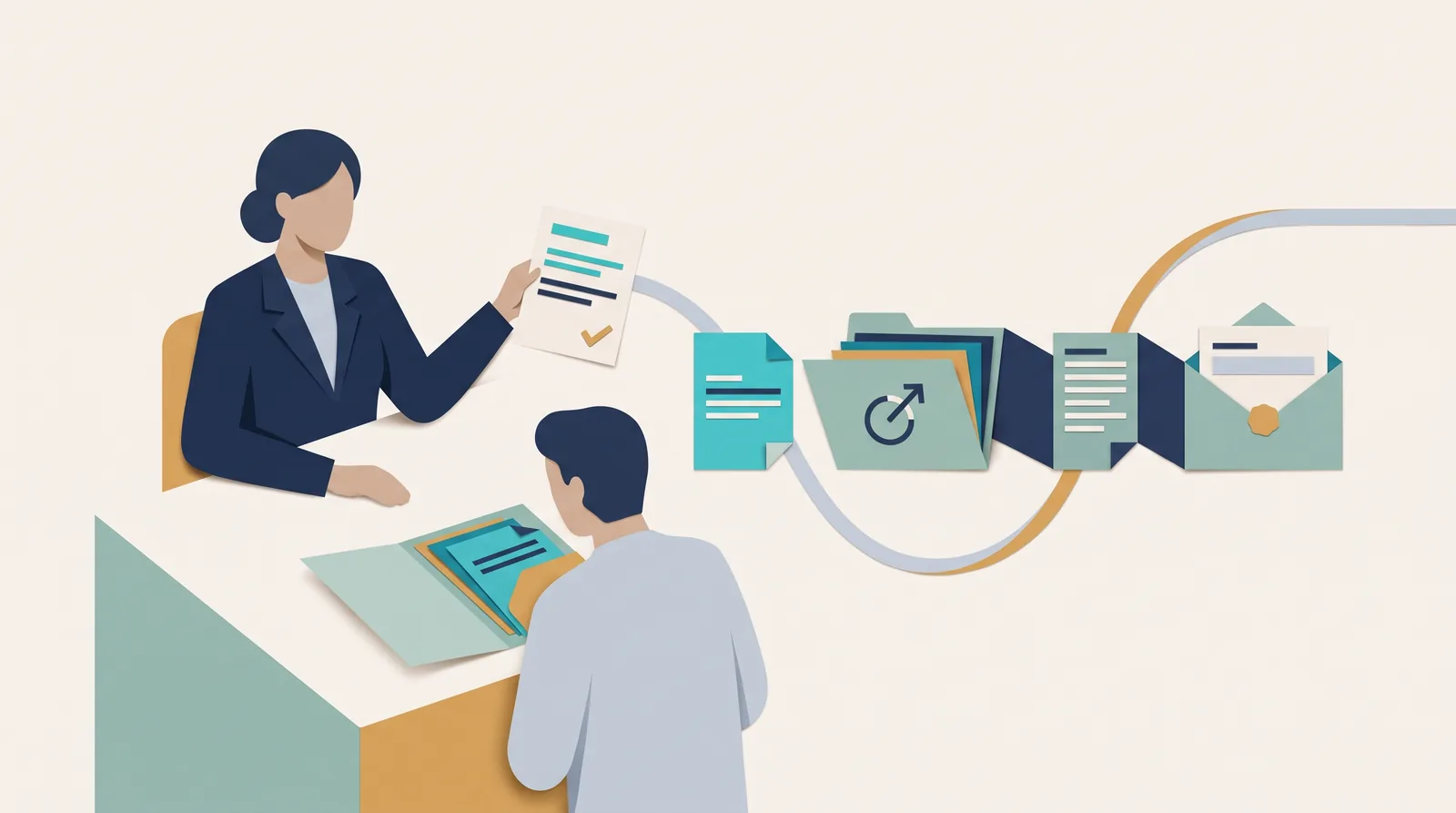 Marketing agency colleagues coordinate a client checklist, campaign folder, documents, and outgoing email through connected ribbons.