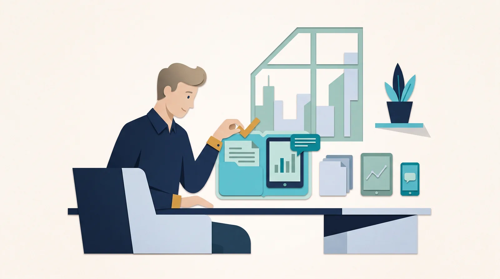 A marketing agency professional reviews a client folder alongside conversation, reporting, and project cards.