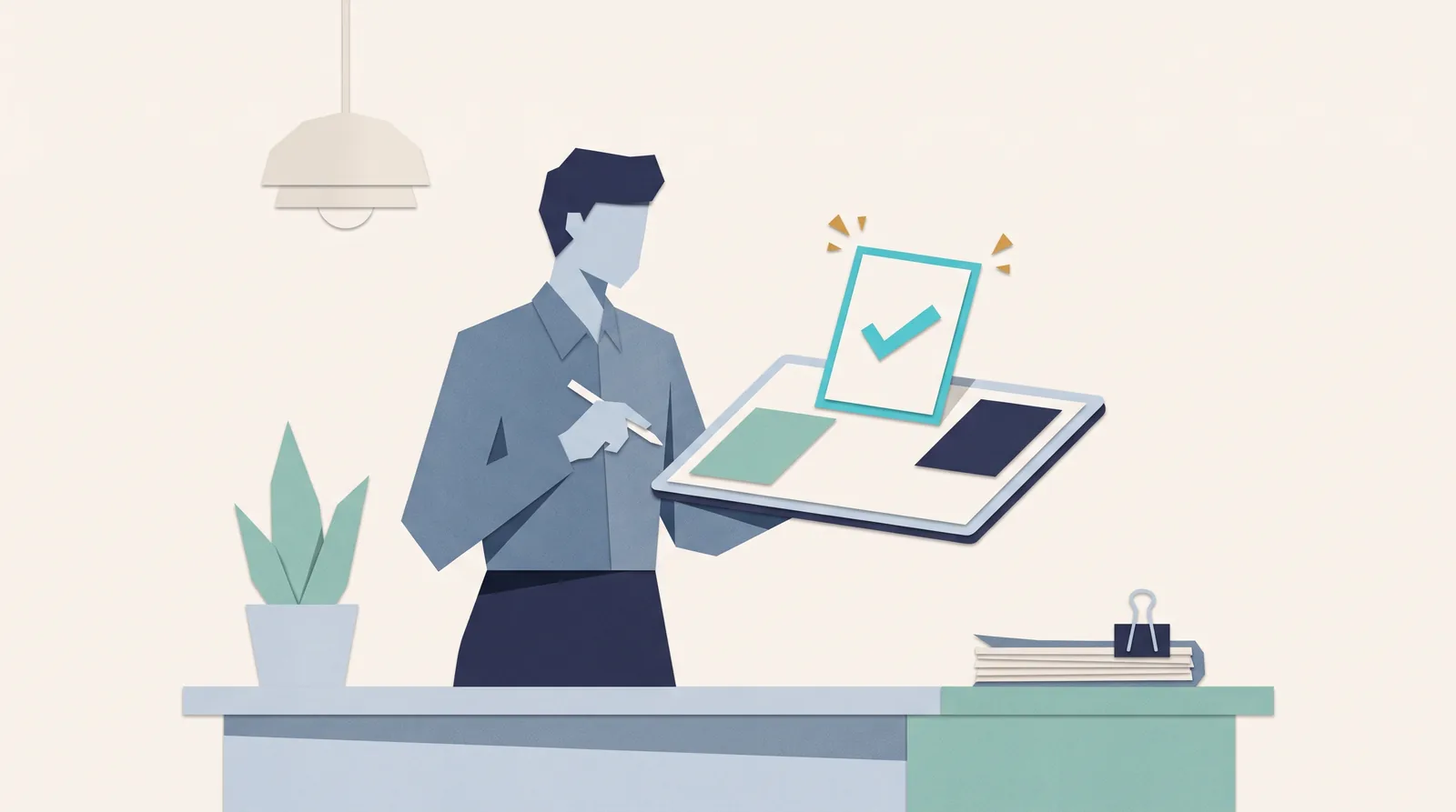 An agency professional reviews an open project folder and approval checklist at a desk as part of a marketing management workflow.