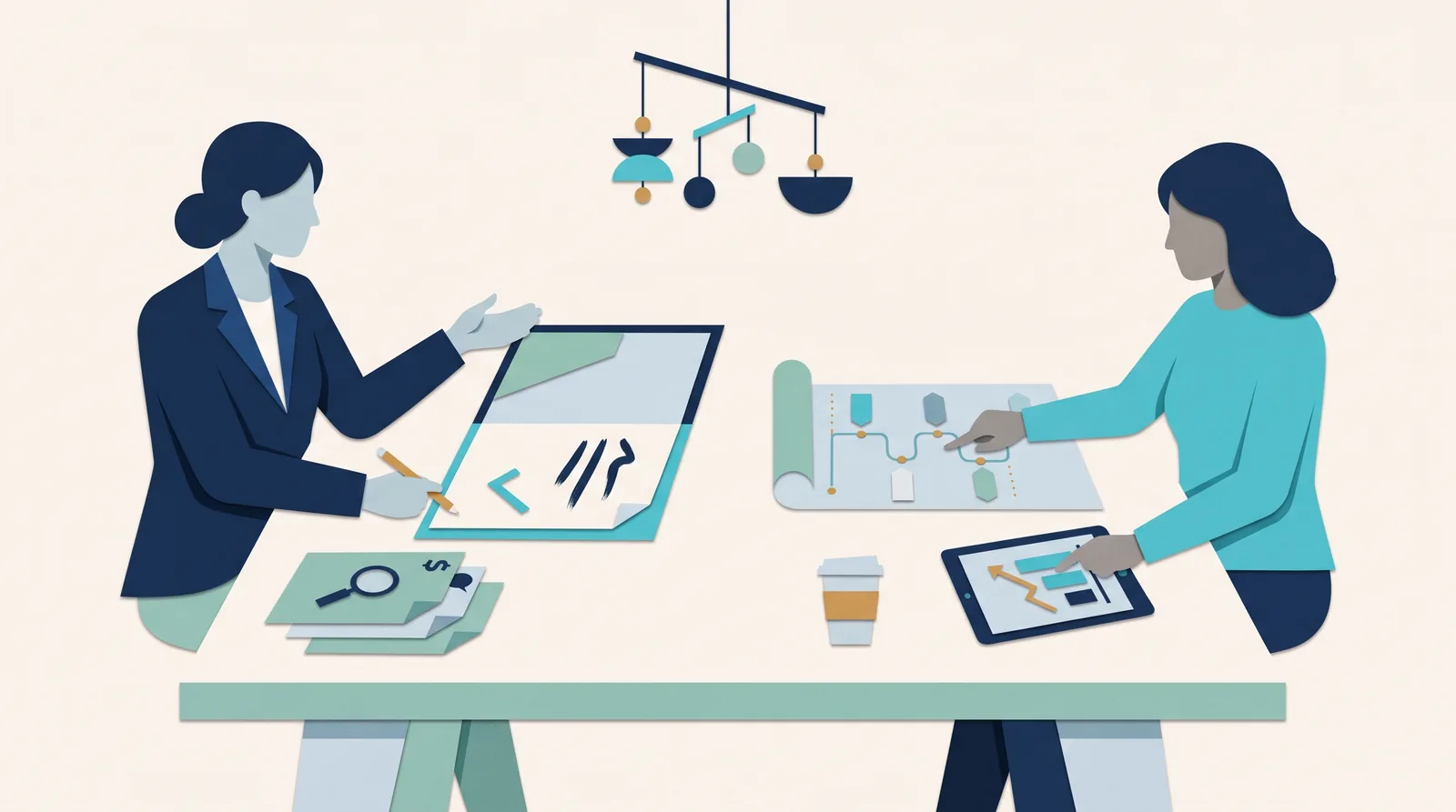 Two marketing agency colleagues review a creative brief and project plan together, with a tablet and organized documents on the desk.