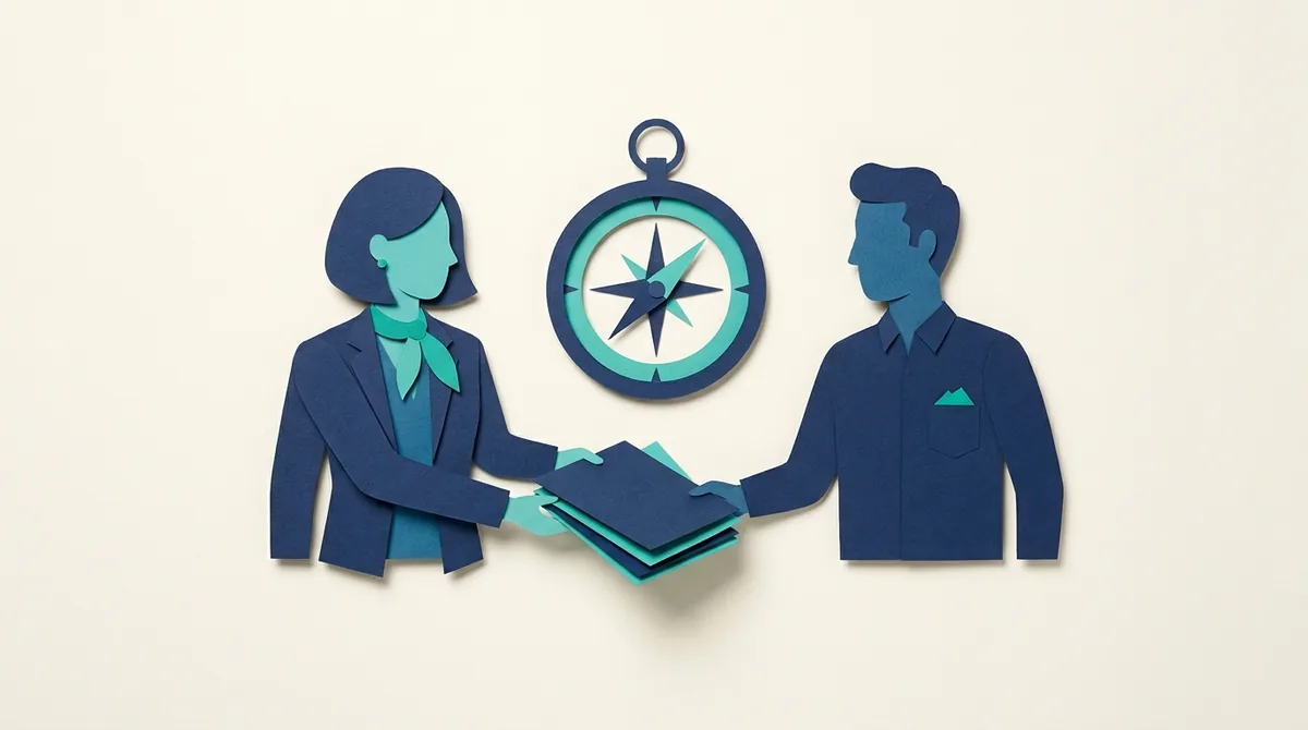 Paper figures exchange an advisory folder beneath a strategy compass.
