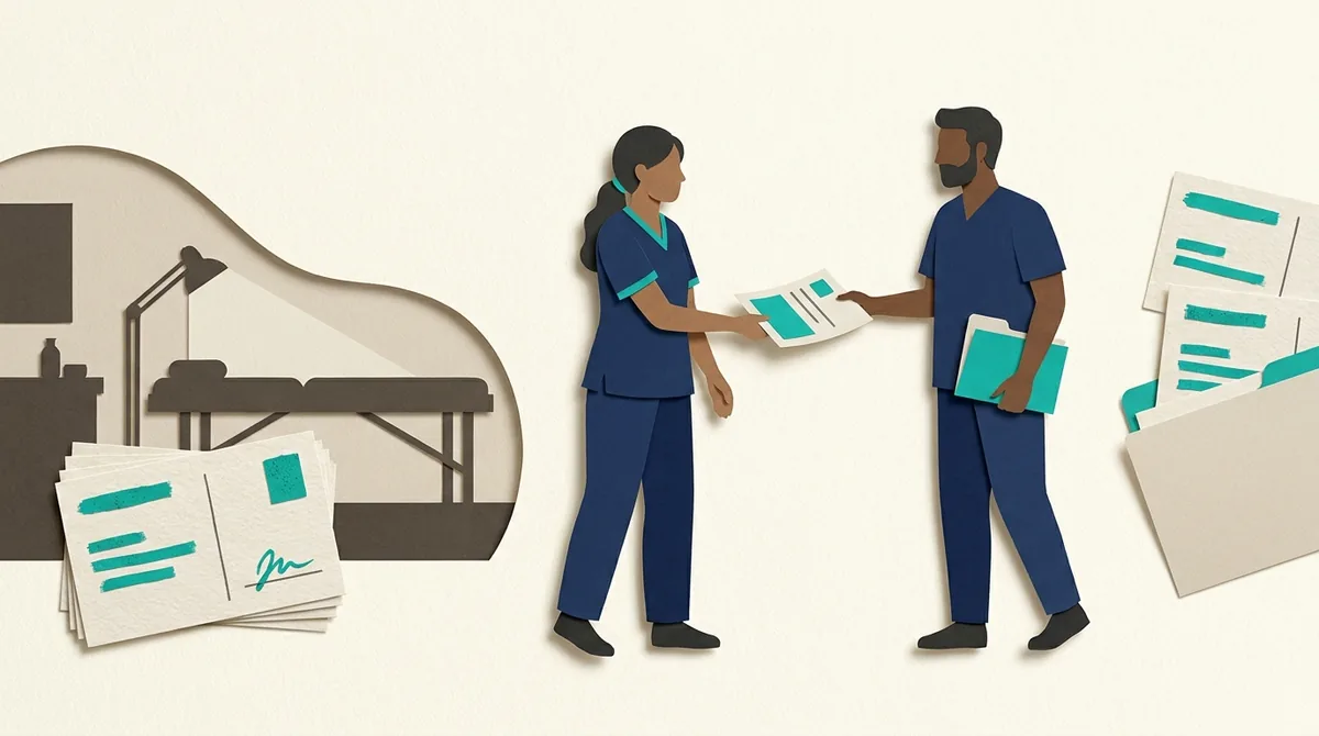 Two paper figures exchange a booking document beside a treatment-room silhouette.
