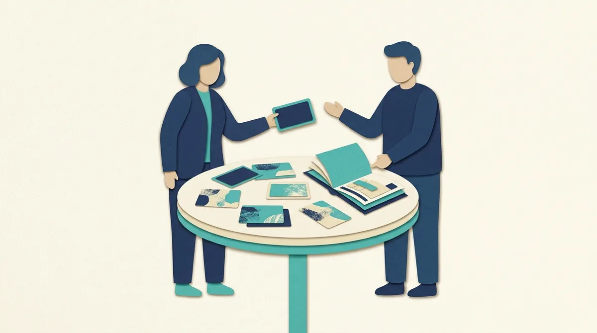 Two paper figures discuss member cards and a cohort agenda around a table.