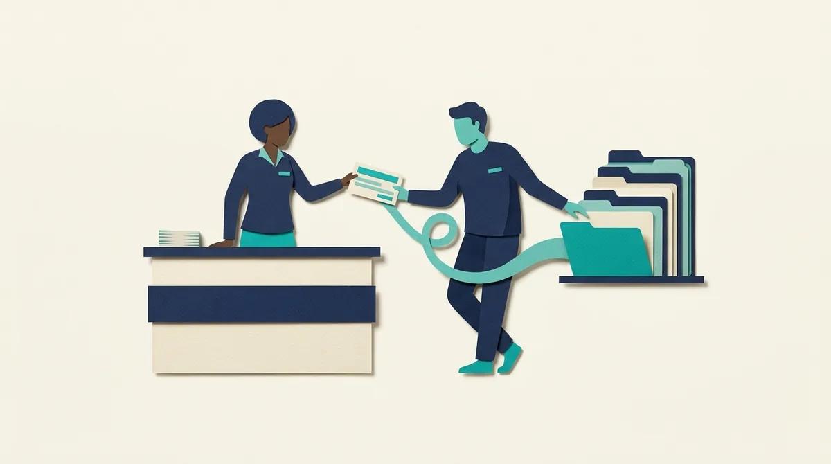Two paper figures exchange administrative documents across a reception desk.