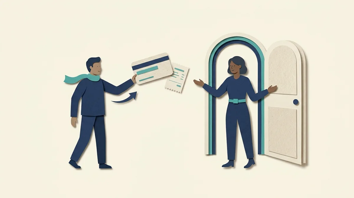 Paper figures coordinate a membership record and receipt at an open doorway.