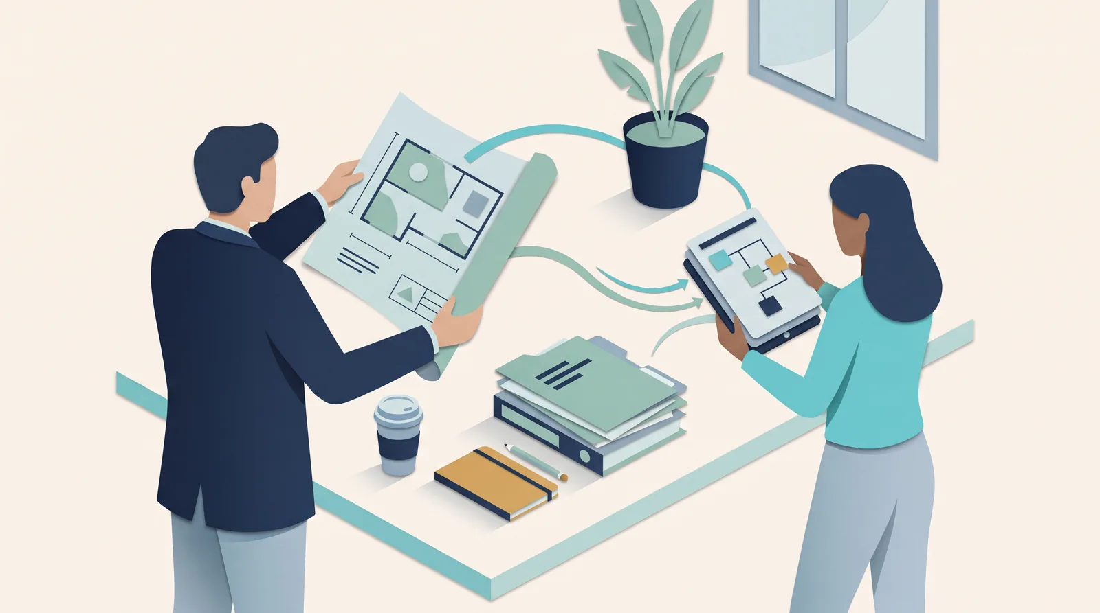 Colleagues connect a client planning document with a task workflow on a tablet, linked by teal ribbons beside stacked project folders.