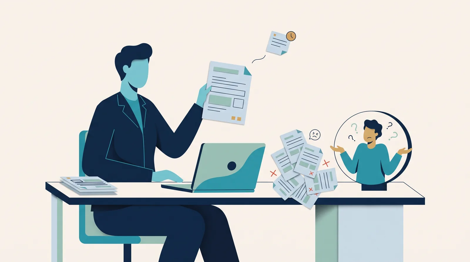 A professional holds an invoice template beside a laptop while a pile of forms and a puzzled client illustrate manual billing work.