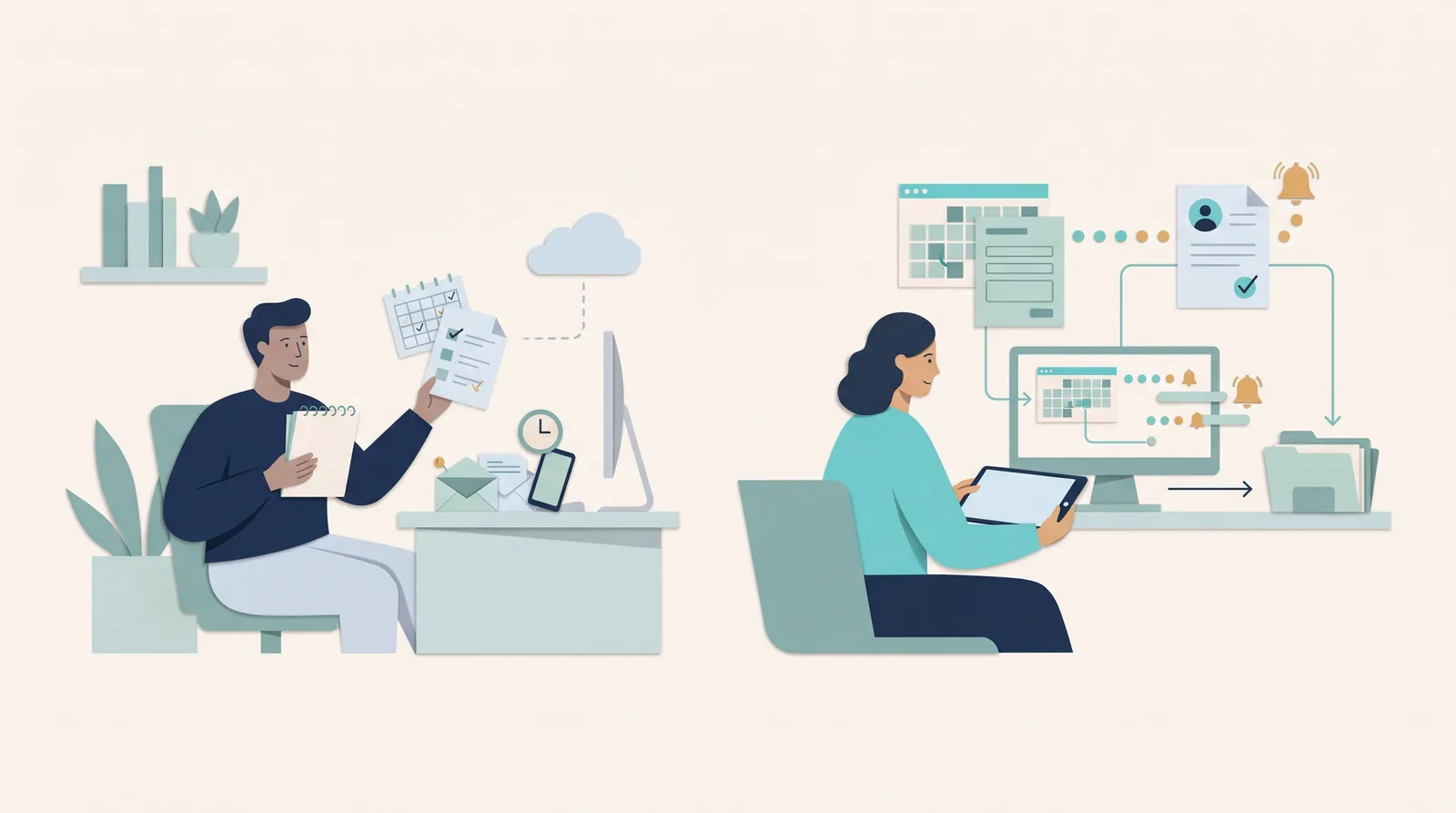 Two scheduling setups compare manual calendar coordination with connected appointment forms, calendar slots, and notifications.