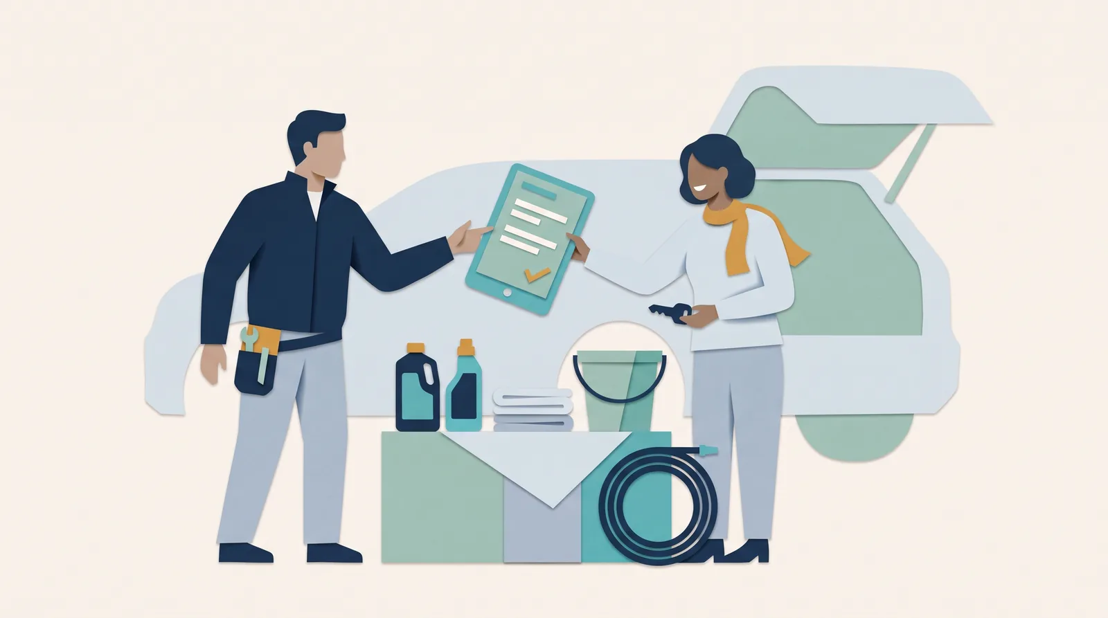 A mobile detailer reviews a client booking checklist beside a service vehicle, cleaning products, and hose.