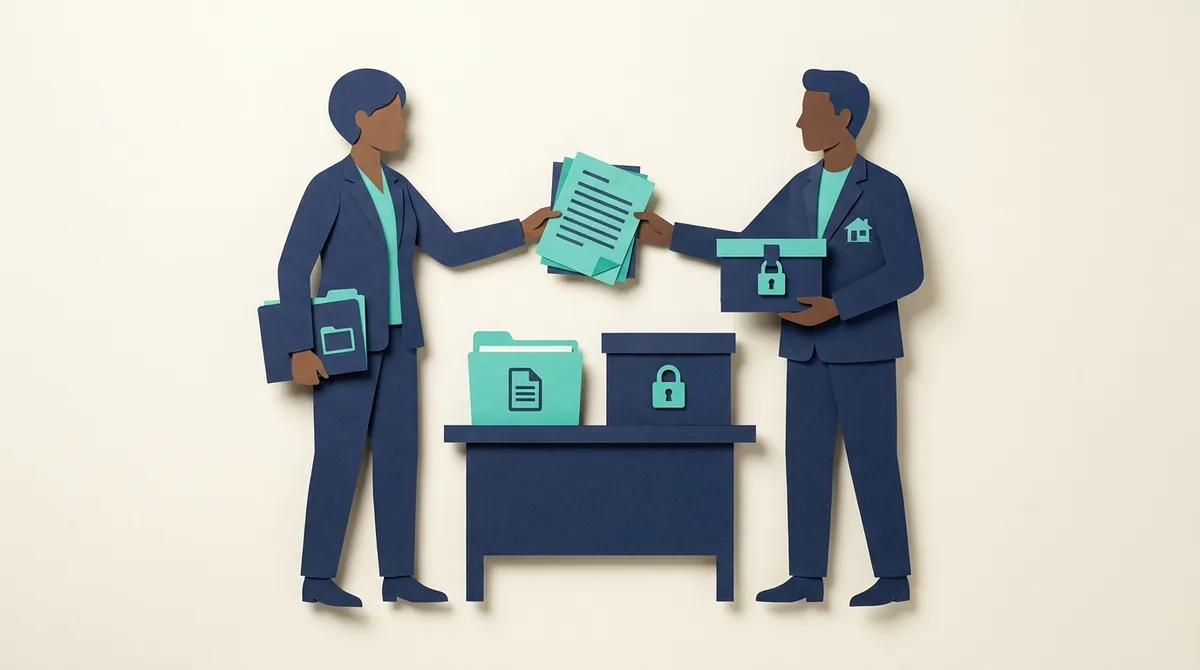 Two paper figures exchange a mortgage document beside folders and a lock symbol.