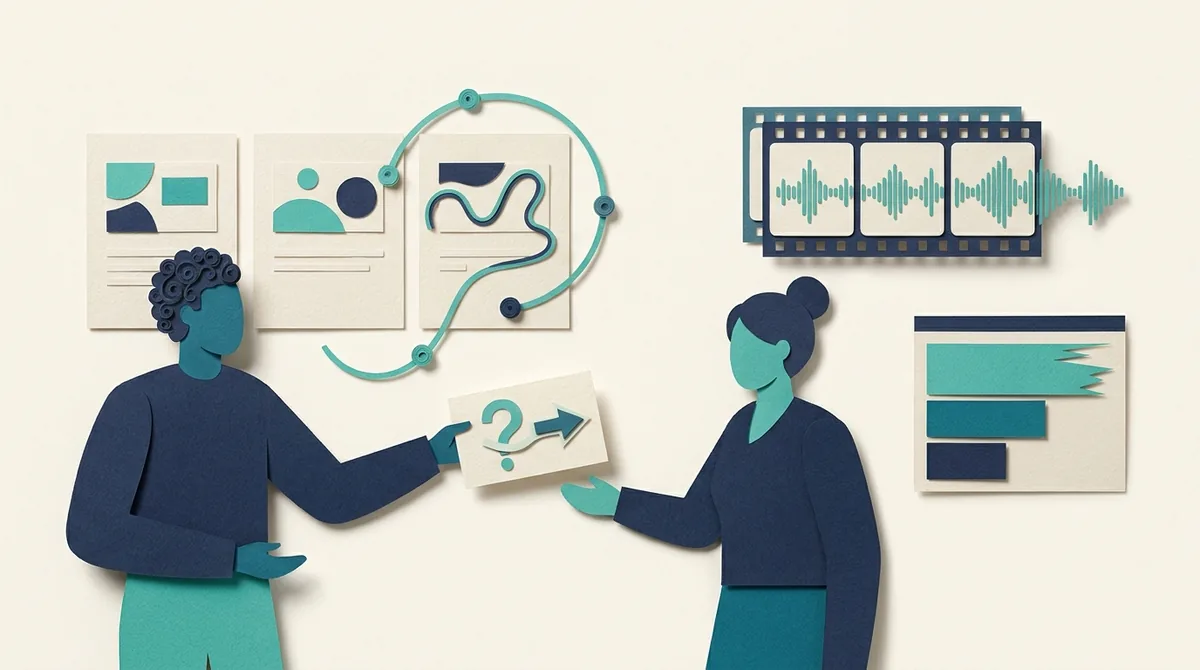 Paper figures discuss a revision beneath storyboard and animation timeline cards.
