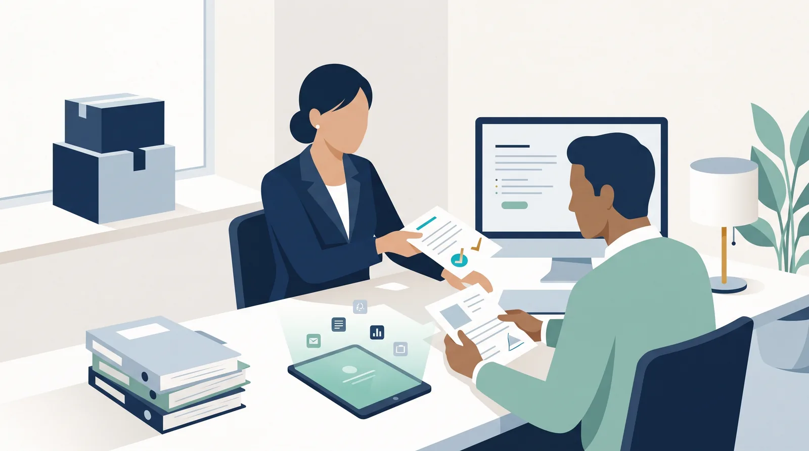 Moving-company colleagues review a client booking and job documents beside packed boxes and organized folders.