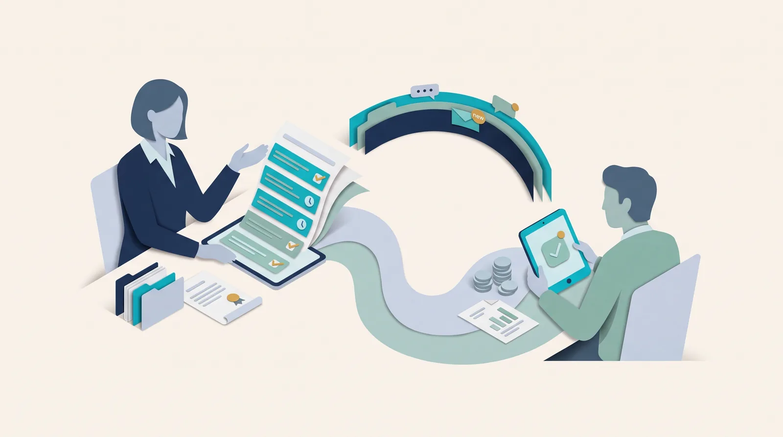 MSP colleagues coordinate client service documents, recurring work, and billing through a connected workflow ribbon.