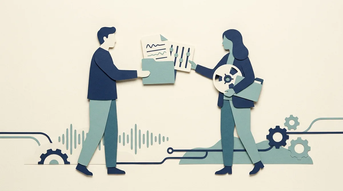 Paper figures compare a mixing document and audio reel above a waveform.