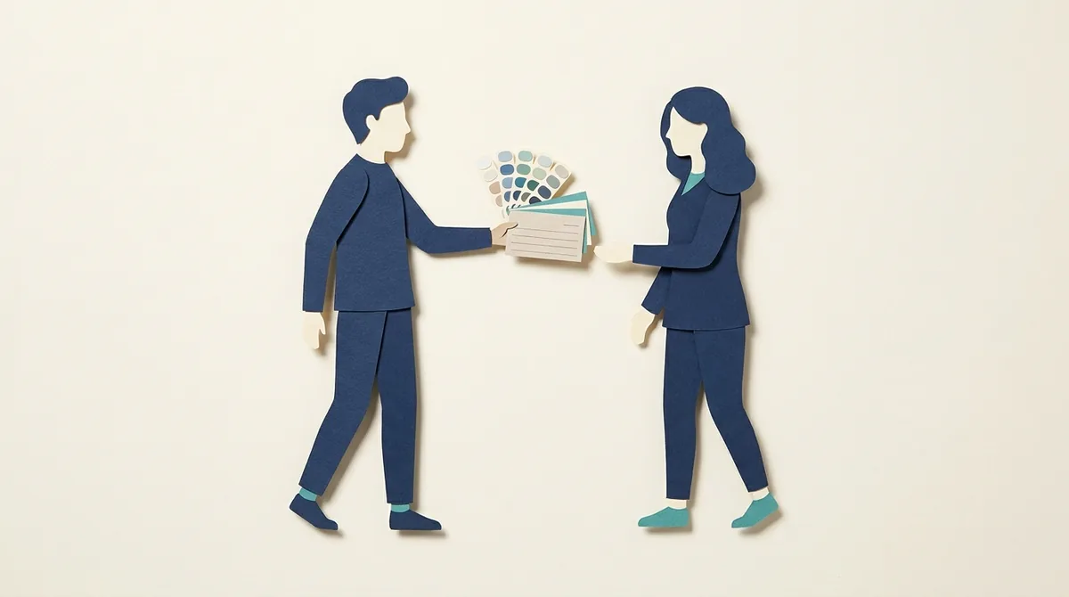 Two paper figures exchange a booking folder beside nail color samples.