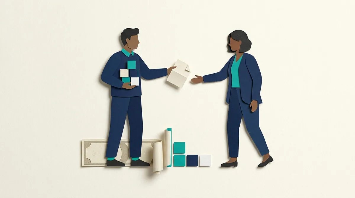 Two paper figures exchange a change request beside modular application blocks.