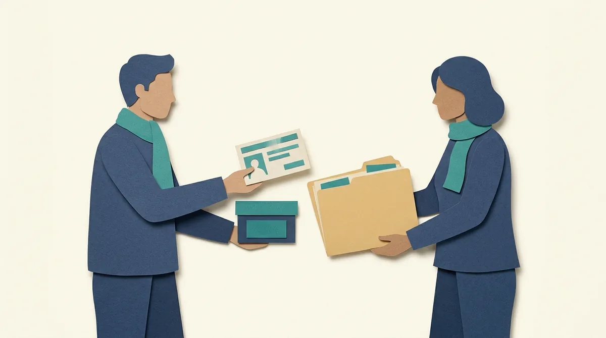 Two paper figures exchange an appointment card and administrative folder.