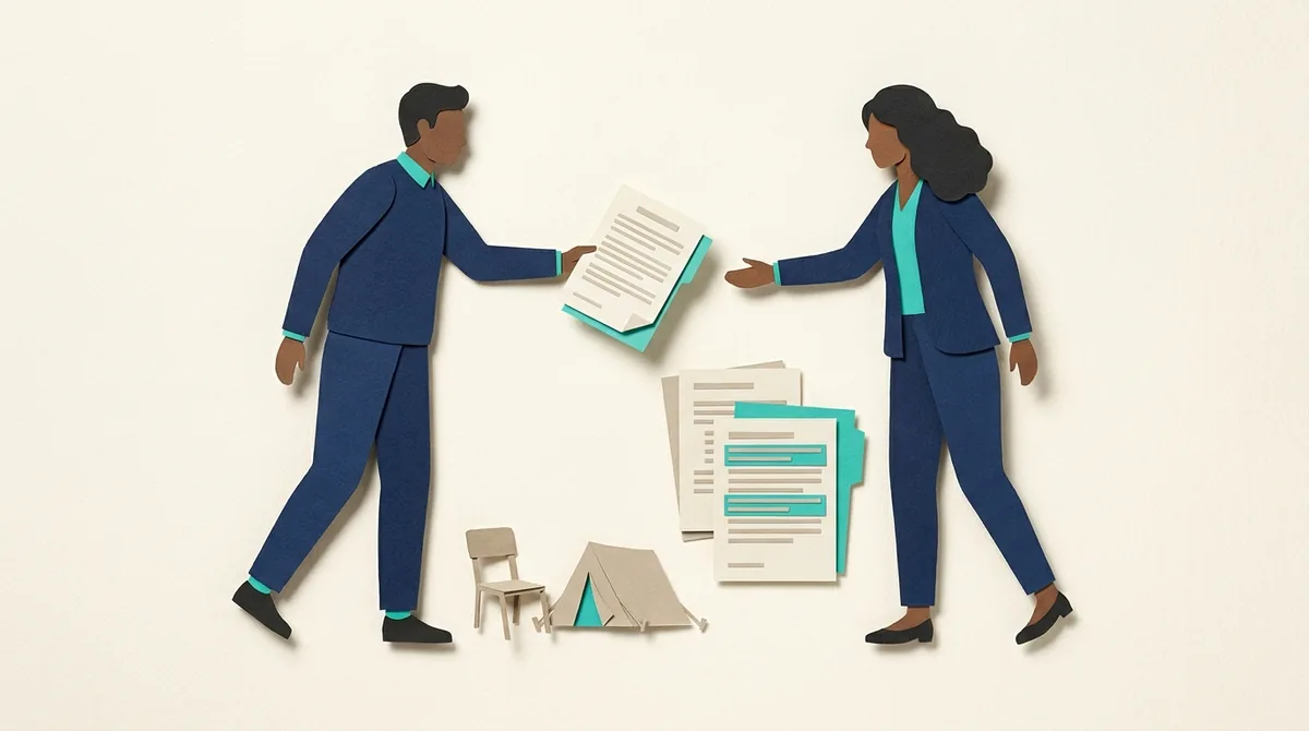 Two paper figures exchange rental documents beside tent and chair symbols.