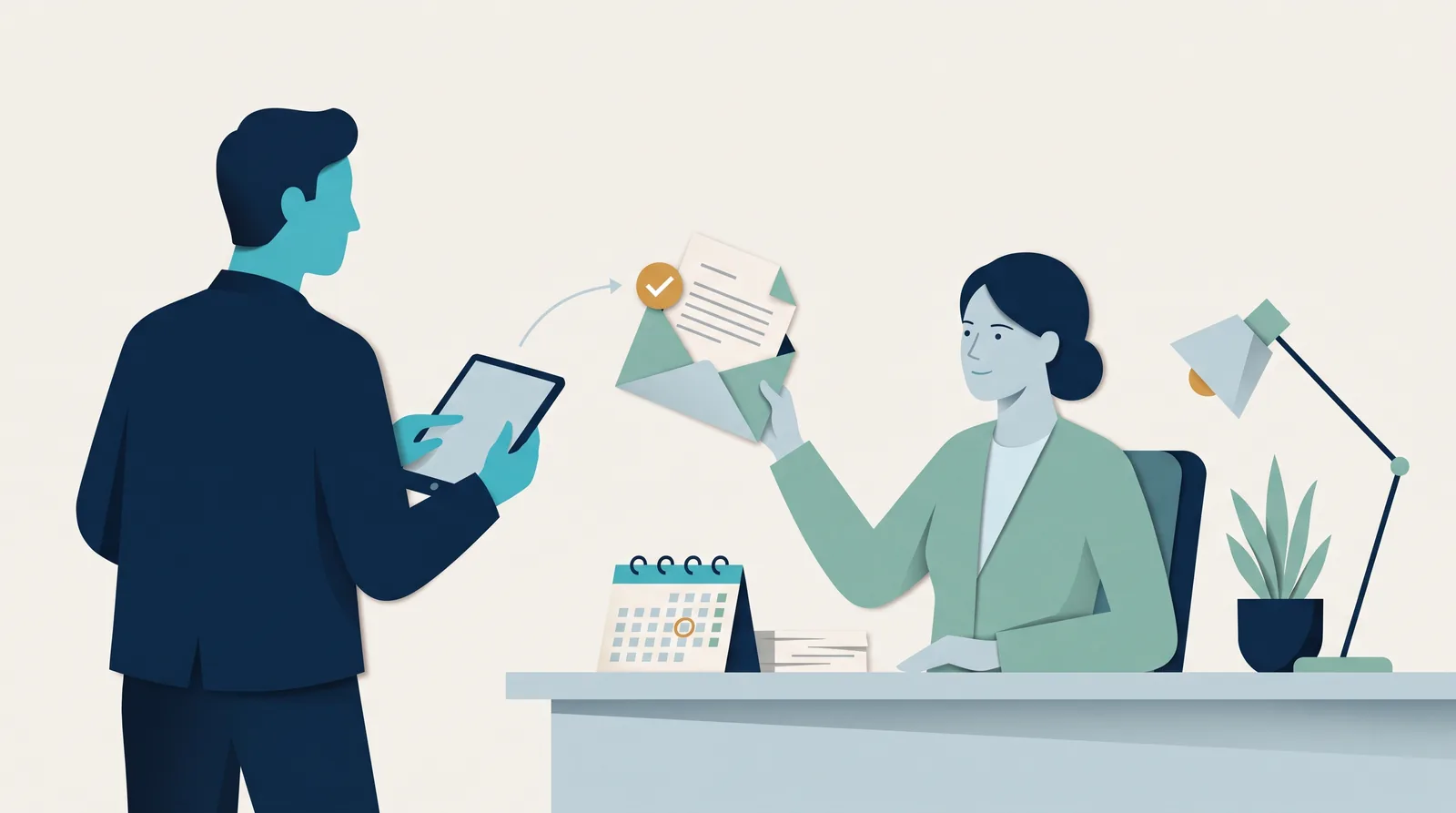 A professional sends a checked invoice message from a tablet to a client at a desk, with a calendar marking the payment follow-up.