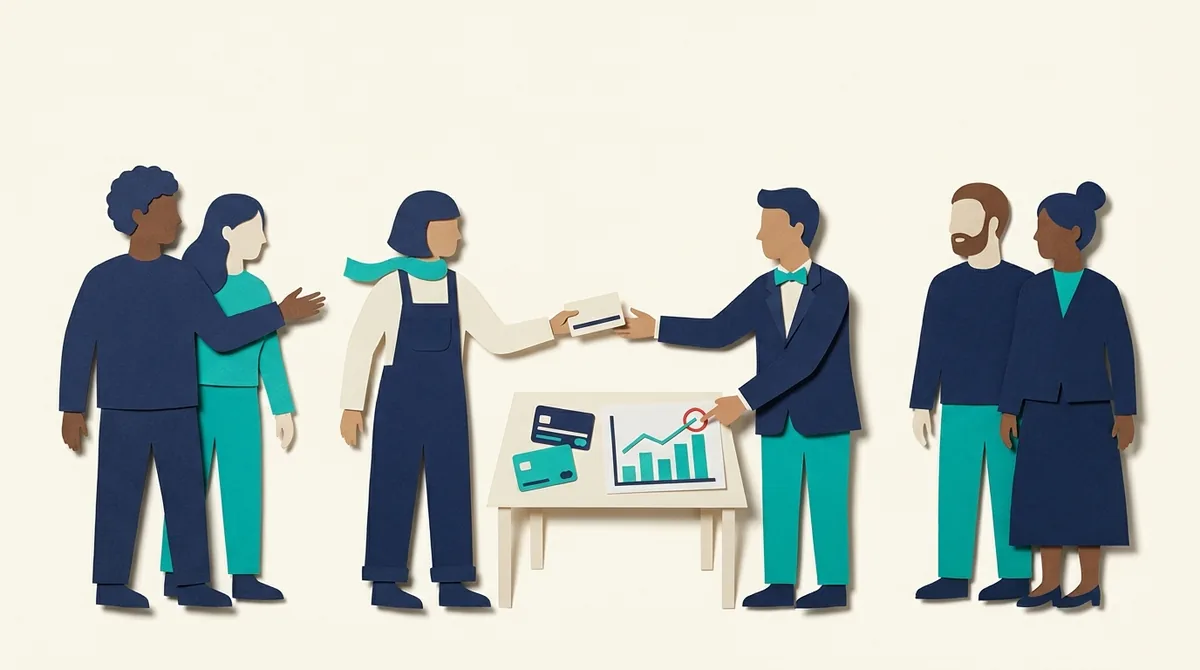 Paper figures exchange an agreement above a chart and commercial review documents.