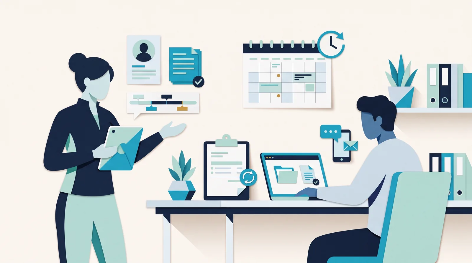 A trainer and client review appointment scheduling, client records, and progress documents through a shared planning workflow.