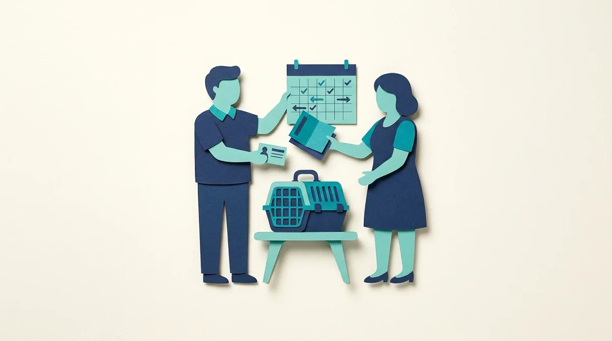 Two paper figures coordinate visit documents beside a pet carrier and calendar.