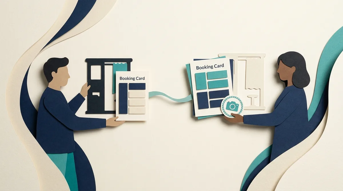 Two paper figures compare booking cards beside a photo booth symbol.