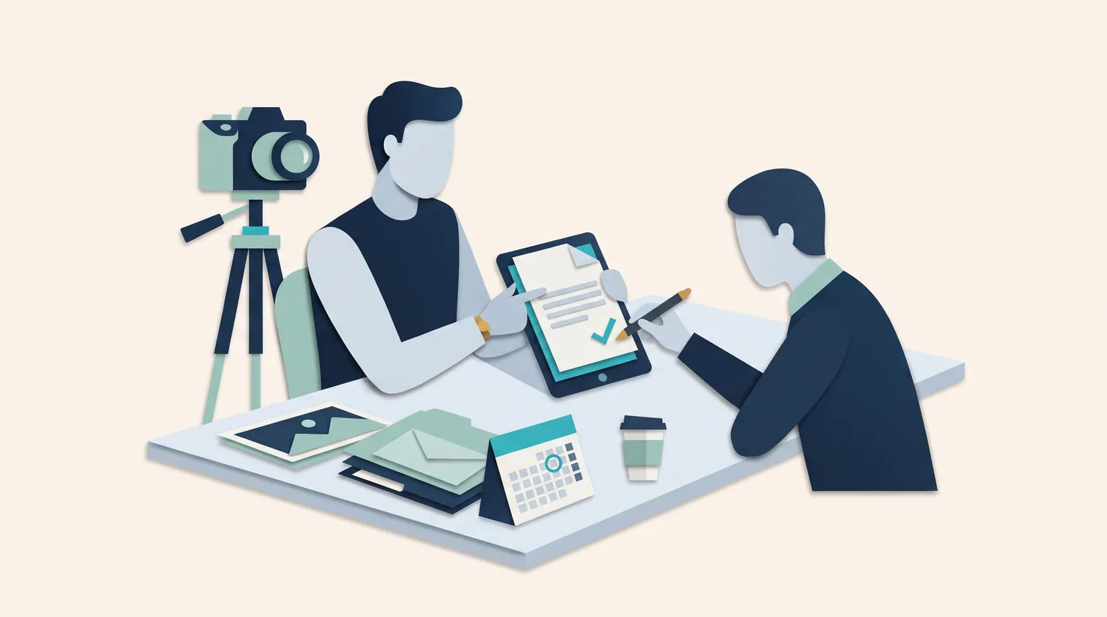 A photographer and client review booking documents and a checklist beside camera equipment and an appointment calendar.