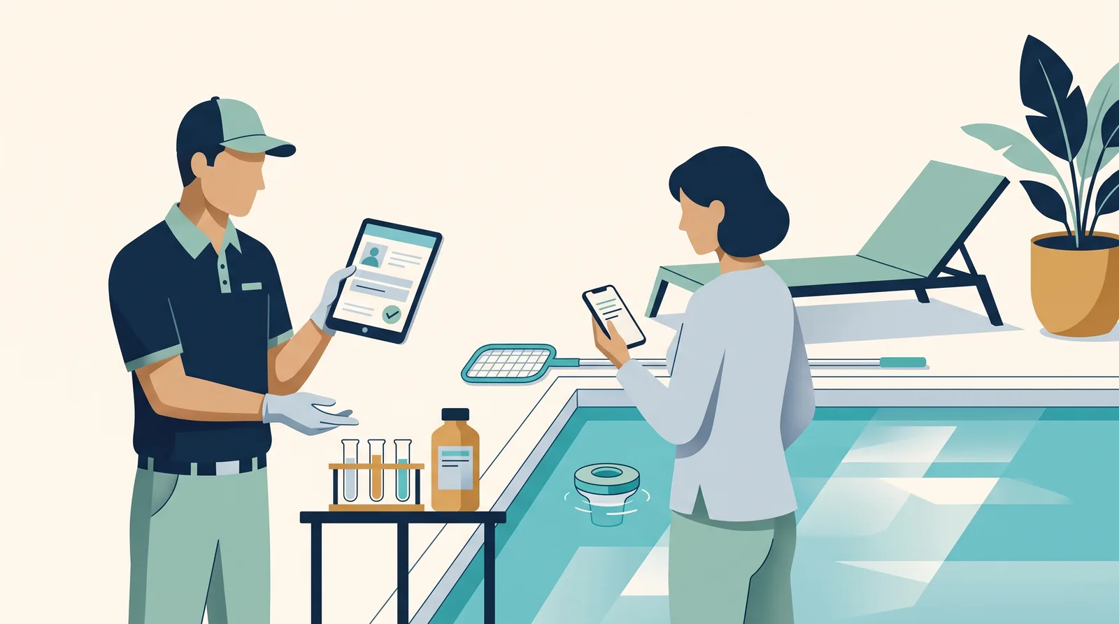 A pool-service technician and client review visit records beside water-testing supplies and pool-cleaning equipment.