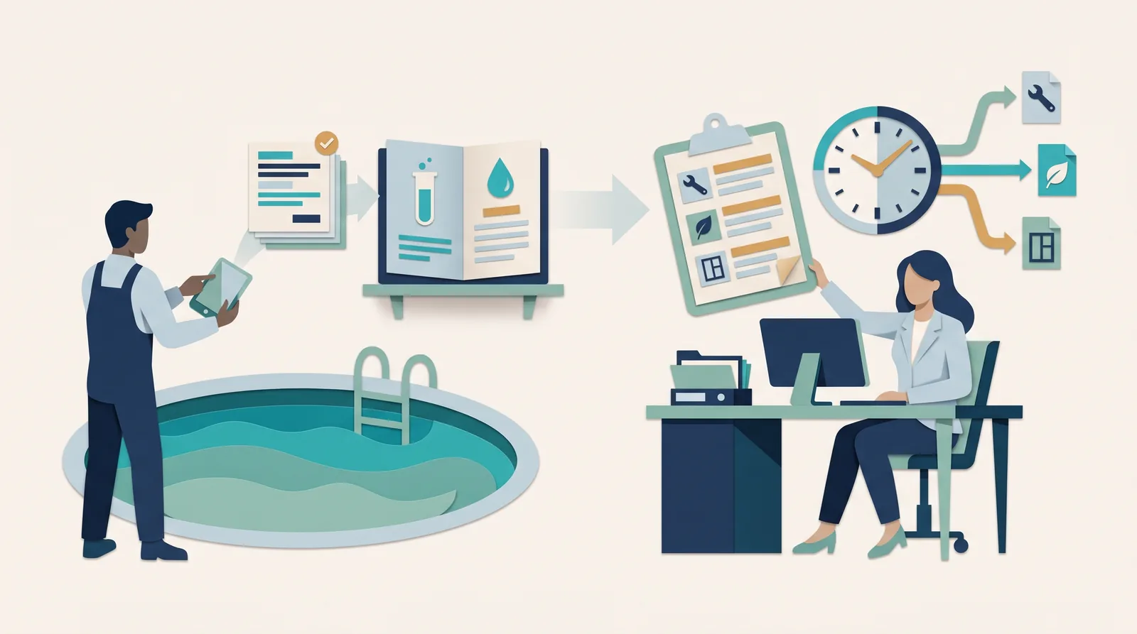 A pool technician and office coordinator connect service records, maintenance checklists, scheduling, and billing documents.
