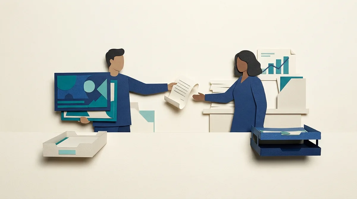 Two paper figures exchange a brief beside a campaign chart and separate billing trays.