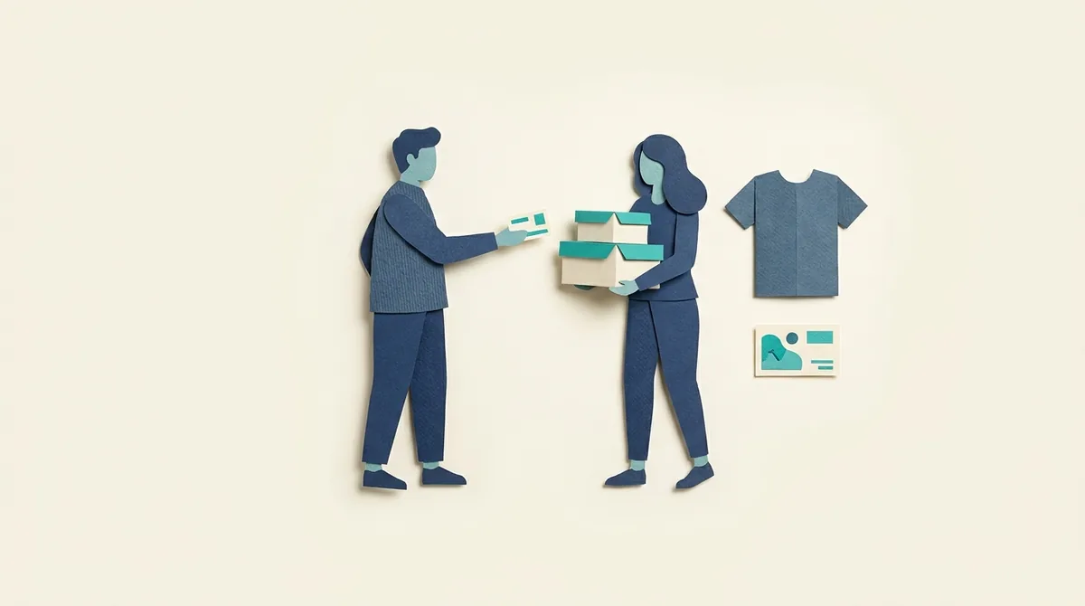Two paper figures exchange a parcel beside a shirt and order card.