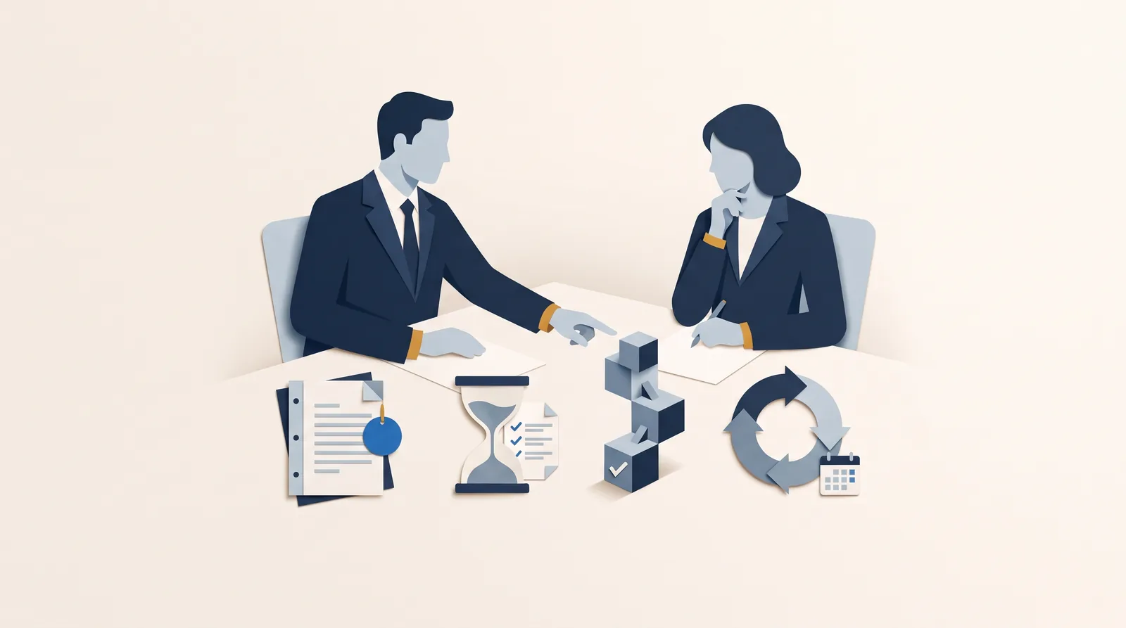 Two professionals compare billing options represented by a contract, hourglass, milestone steps, and recurring calendar arrows.